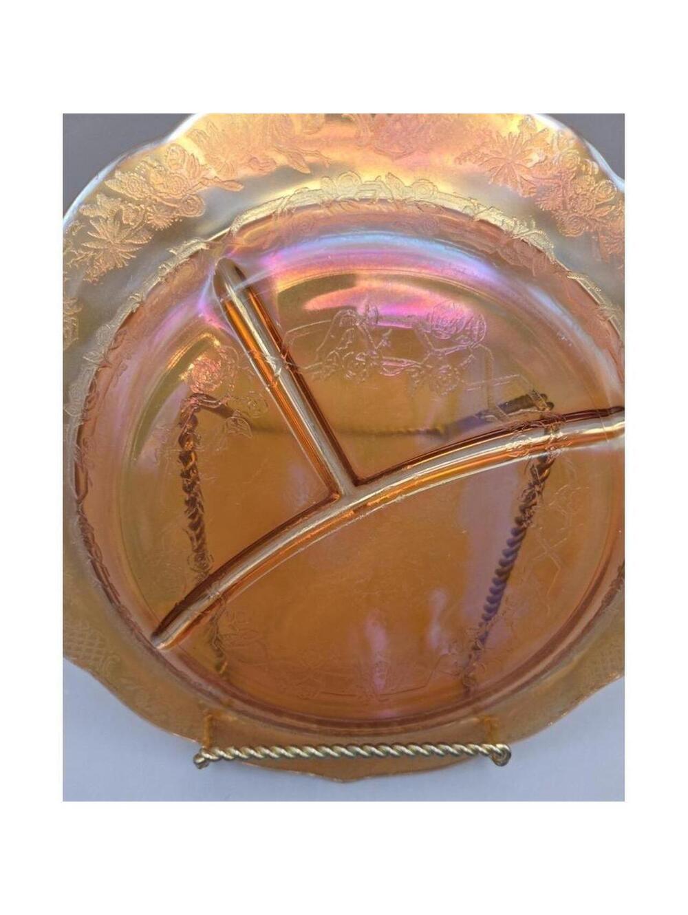 Vintage Divided Plates Set Of  4 Carnival Depression Era Amber Iridescent